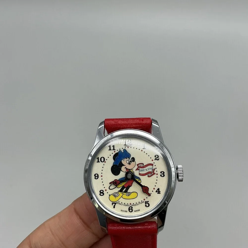 Vintage Bradley Mickey Mouse Boys Watch 30mm Dial Red Swiss Manual Bicentennial